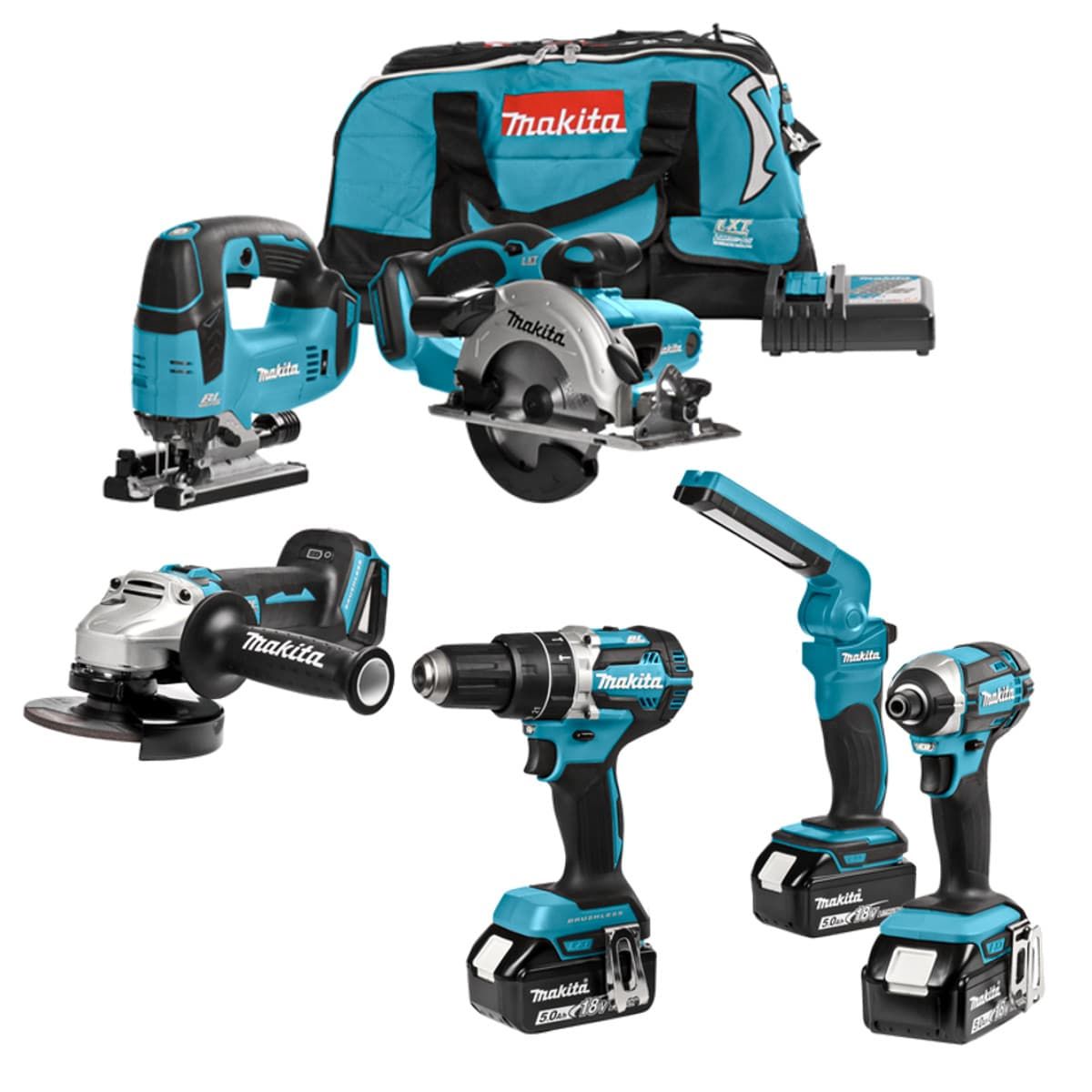 Makita DLX6064T combiset 6-delig - 3x 18V 5,0Ah + tas