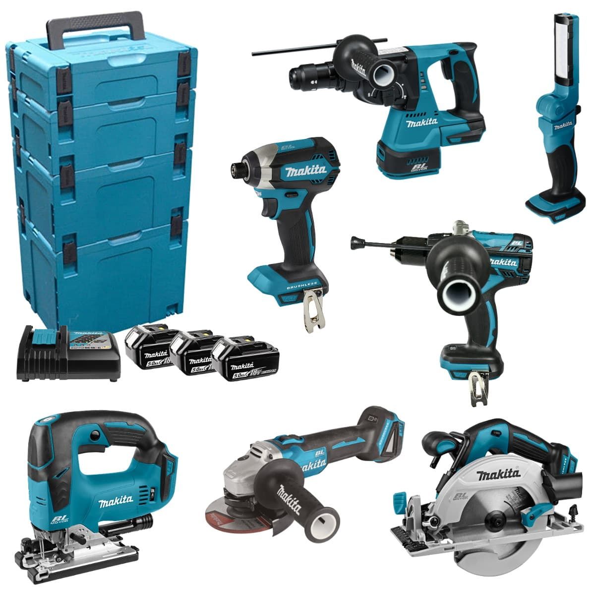 Makita DLX8200J combiset 7-delig - 3x 18V 5,0Ah + Mbox