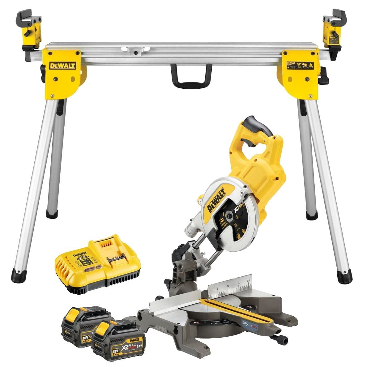 DeWALT DCS777T2 accu afkortzaag 216 mm 54V 6,0Ah + DE7033 onderstel