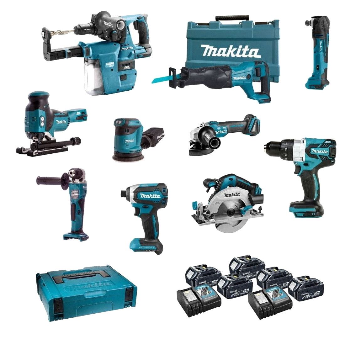 Makita DLX1010TJ1 combiset 10-delig 18V 5,0Ah + Mbox koffers