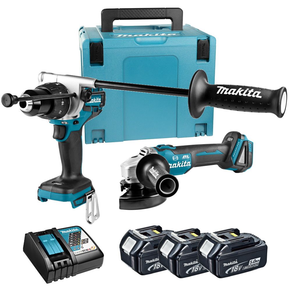 Makita DLX2157TJ1 set accuklopboormachine en haakse slijper - 18V 5,0Ah + Mbox