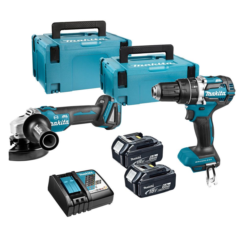 Makita DLX2210TJ1 set klopboormachine en haakse slijper - 18V 5,0Ah